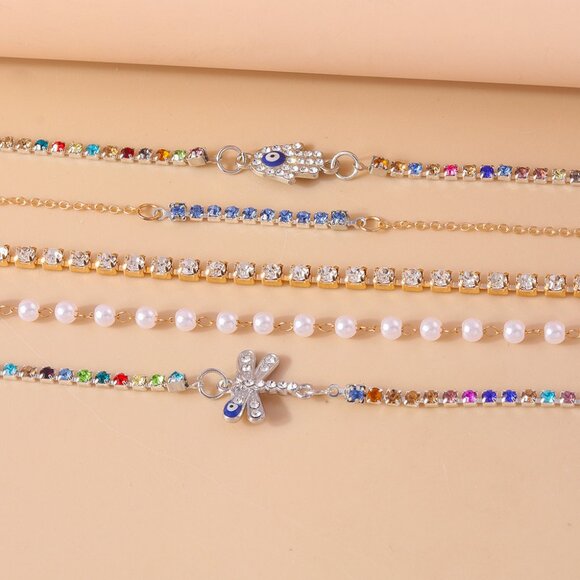 3/$35 5-Piece Charm Bracelet Set Set Evil Eye Dragonfly Pearl Rhinestone Chains - Picture 8 of 8